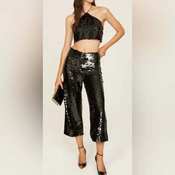 House of Harlow 1960 Sequin Pants Cropped Wide Leg Glam Party Black Size M - Picture 2 of 13